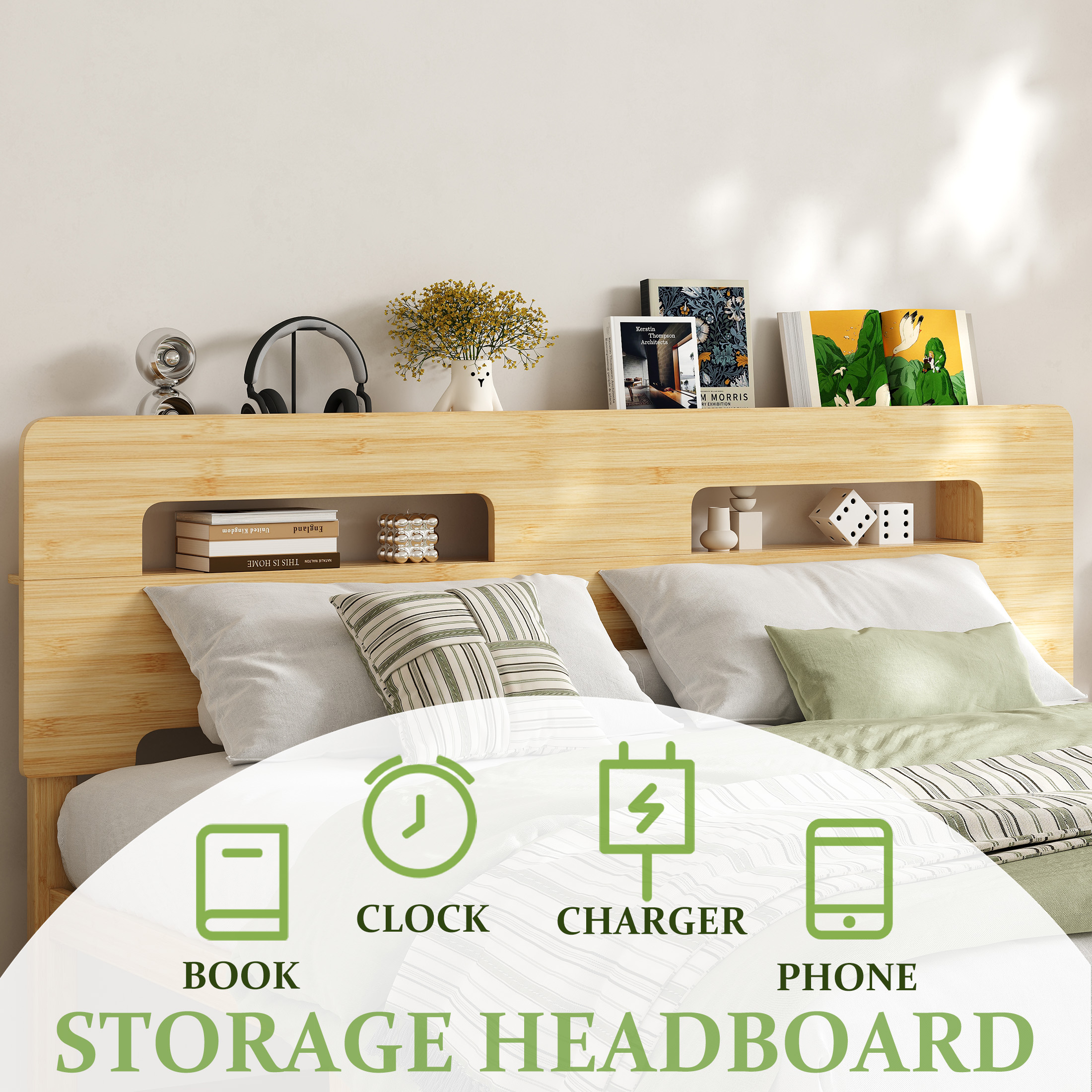 NESLIME 14 inch King Size Bamboo Bed Frame with Storage Headboard, King Heavy Duty Bed Frame with Mattress Non-slip Stoppers, Metal Slats Support, No Box Spring Needed, Noise Free, Natural