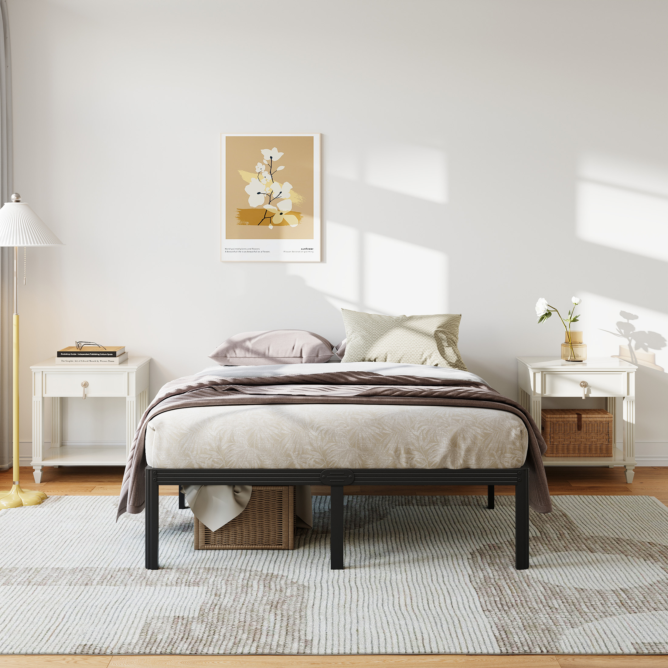 Neslime 16 inch Full Size Metal Platform with Rounded Corners, Heavy Duty Bed Frame, No Box Spring Needed, Black