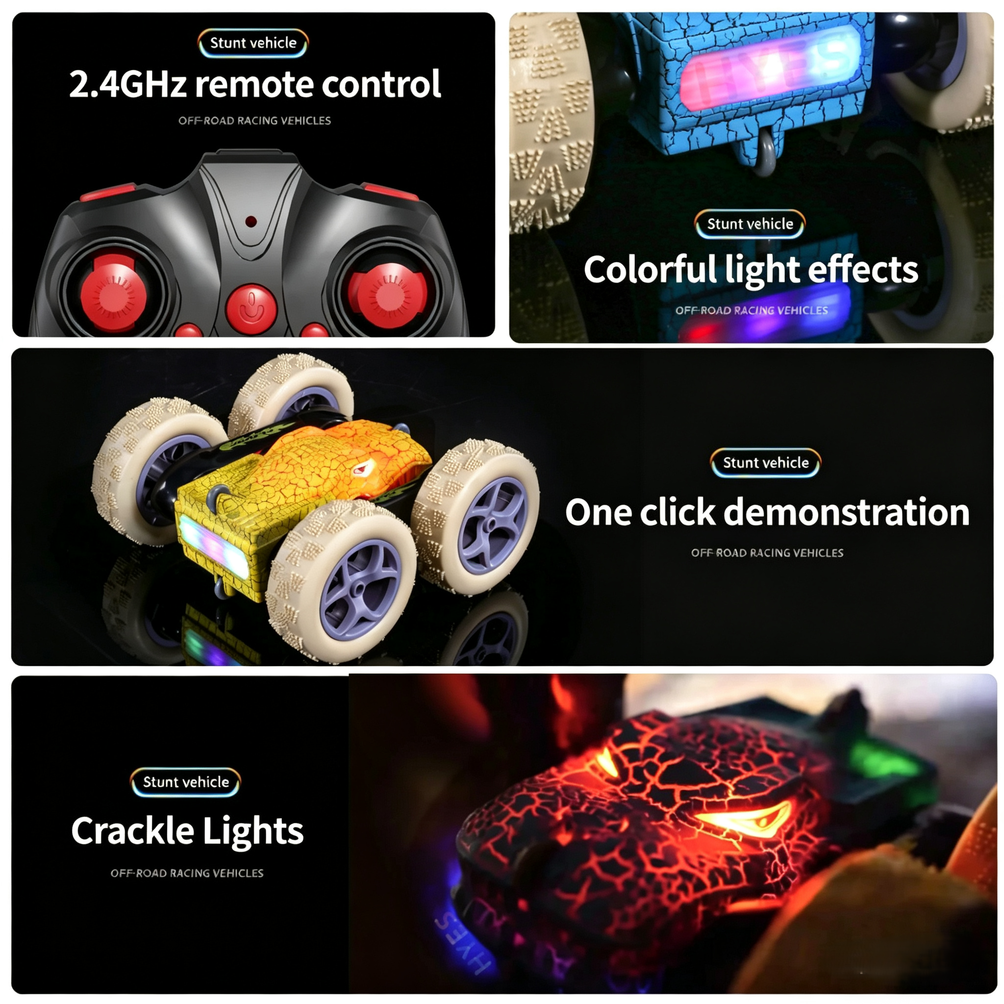  Dinosaur RC Stunt Car 2.4G 5WD High Speed Double-sided Tumbl Drift LED Lights Remote Control Car Toy Gifts For Kids Adults-Leplay