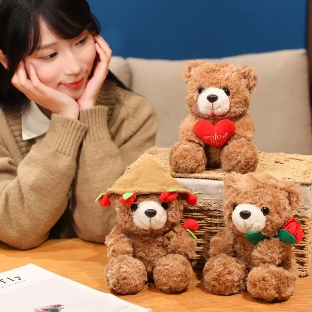 Lovely 16/25CM Bear Plush Toy Romantic Red Heart Rose Bear Doll Cute Soft Holding Flowers Bear Doll Home Decoration-Leplay