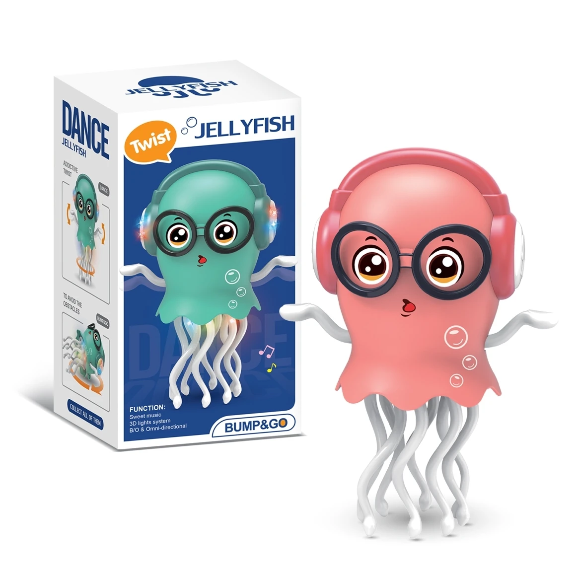An electrically-powered crawling dancing jellyfish toy, an octopus with automatic obstacle sensor, intelligent LED lights and mu