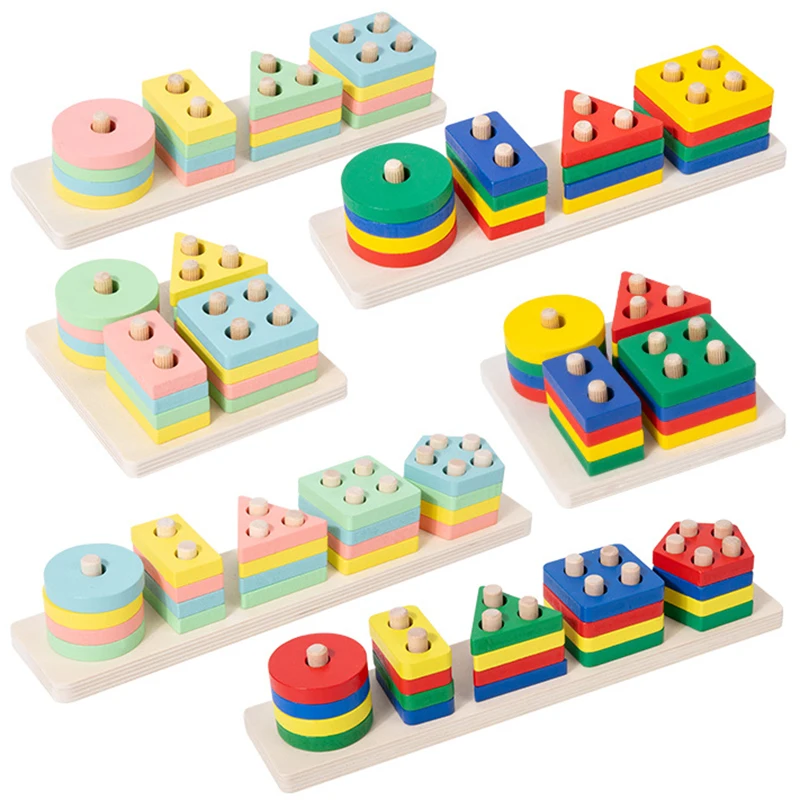Montessori Toy Wooden Building Blocks Early Learning Educational Toys Color Shape Match Kids Puzzle Toys For Children Boys Girls-Leplay