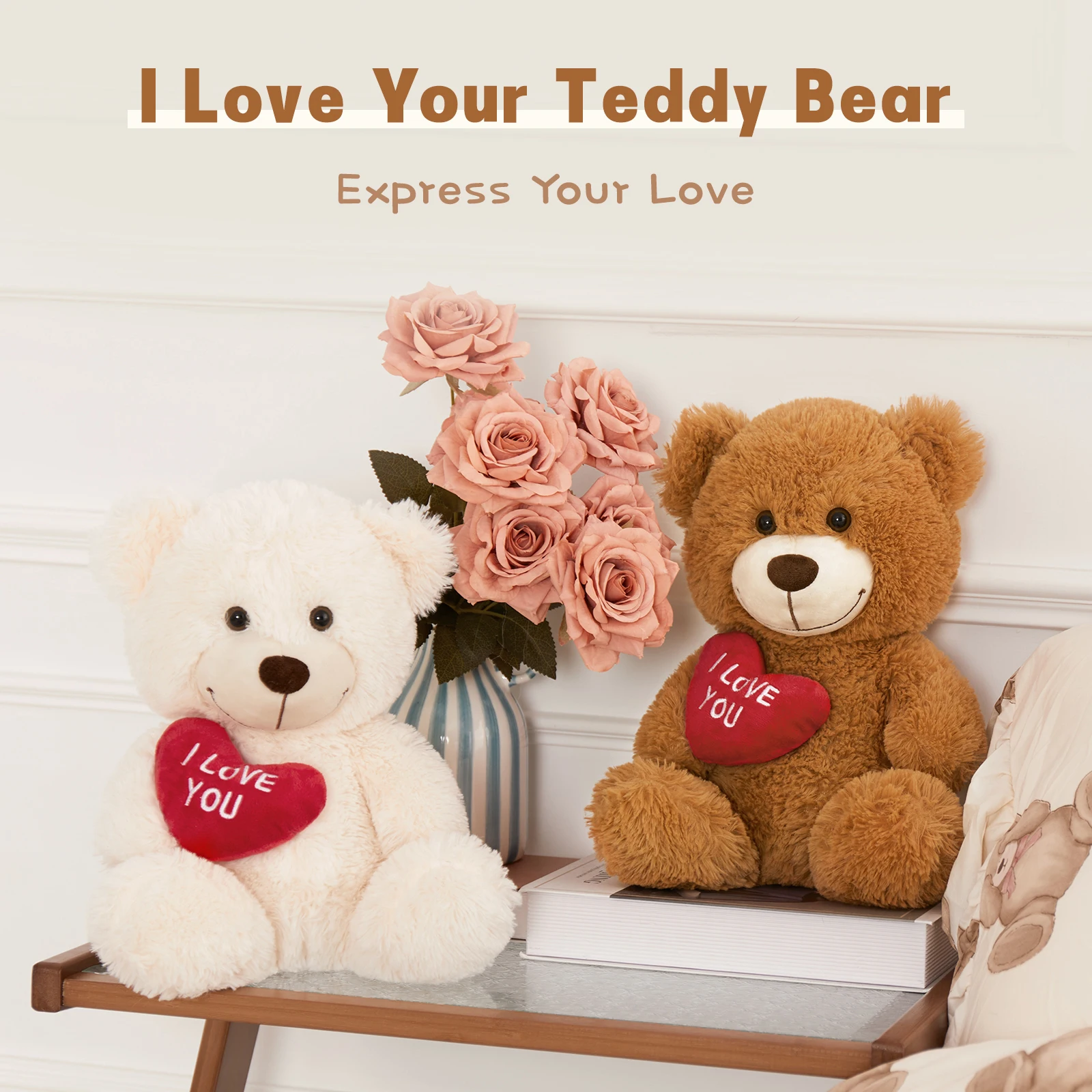 MaoGoLan Small Teddy Bear with Red Heart, I Love You Valentines Teddy Bear Stuffed Animal Dark Brown,Velvet Red HeartBear Gift-Leplay