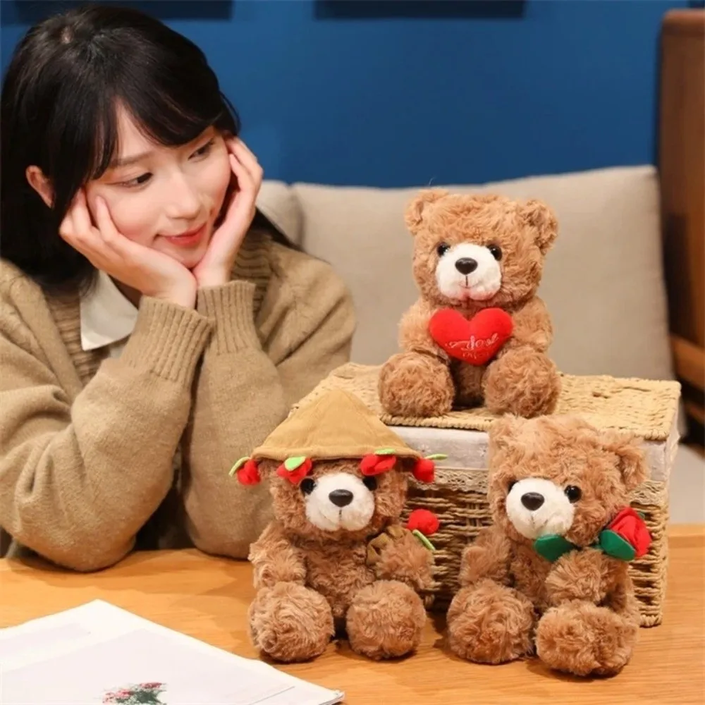 Lovely 16/25CM Bear Plush Toy Romantic Red Heart Rose Bear Doll Cute Soft Holding Flowers Bear Doll Home Decoration-Leplay