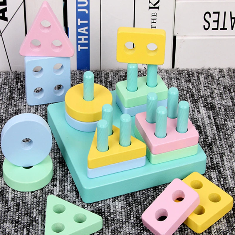 Montessori Toy Wooden Building Blocks Early Learning Educational Toys Color Shape Match Kids Puzzle Toys For Children Boys Girls-Leplay