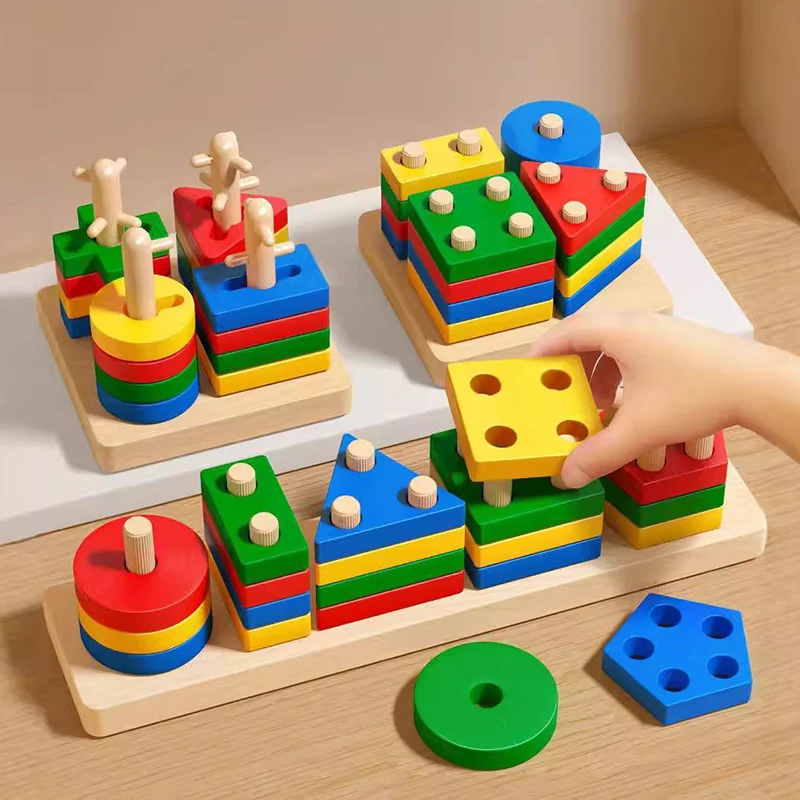 Montessori Toy Wooden Building Blocks Early Learning Educational Toys Color Shape Match Kids Puzzle Toys For Children Boys Girls-Leplay