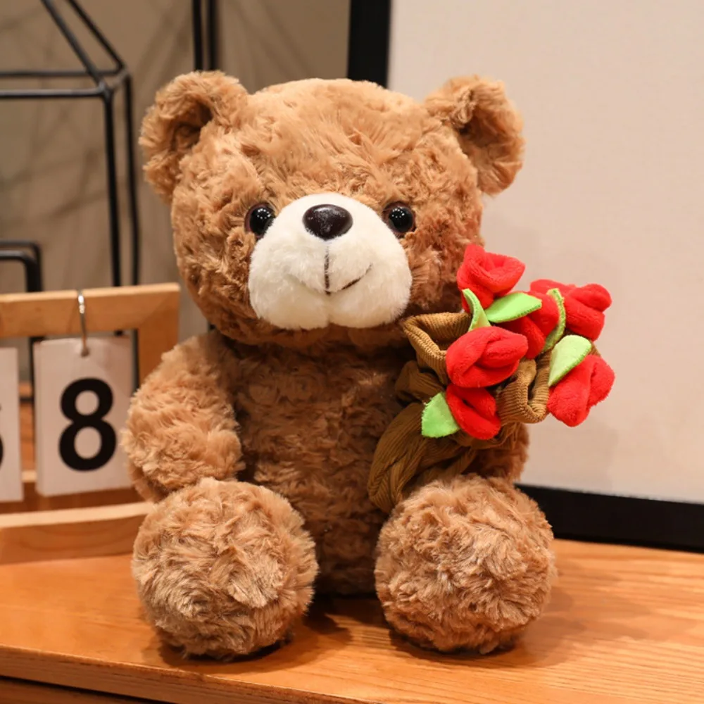 Lovely 16/25CM Bear Plush Toy Romantic Red Heart Rose Bear Doll Cute Soft Holding Flowers Bear Doll Home Decoration-Leplay