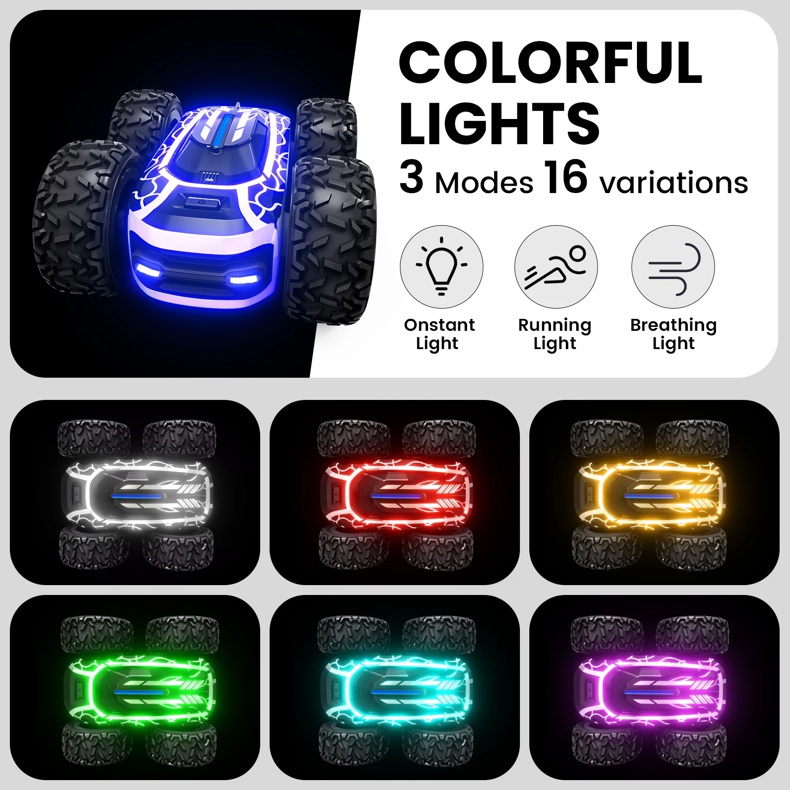 Remote Control Car with Lights for Boys 4-7, 2.4GHz Rc Stunt Cars for Kids, 360°Rotating Double Sided RC Car Toys Black-Leplay