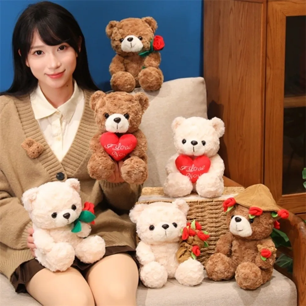 Lovely 16/25CM Bear Plush Toy Romantic Red Heart Rose Bear Doll Cute Soft Holding Flowers Bear Doll Home Decoration-Leplay