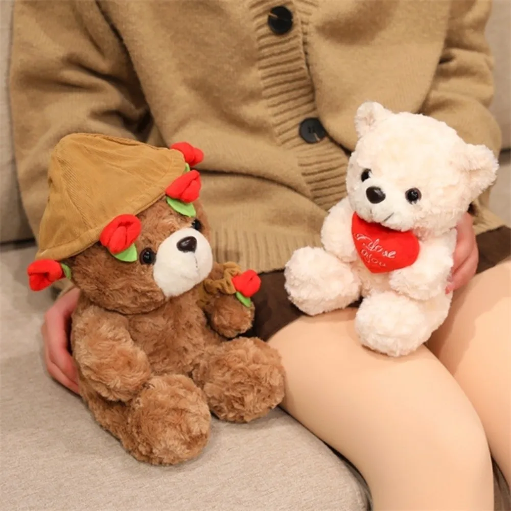 Lovely 16/25CM Bear Plush Toy Romantic Red Heart Rose Bear Doll Cute Soft Holding Flowers Bear Doll Home Decoration-Leplay