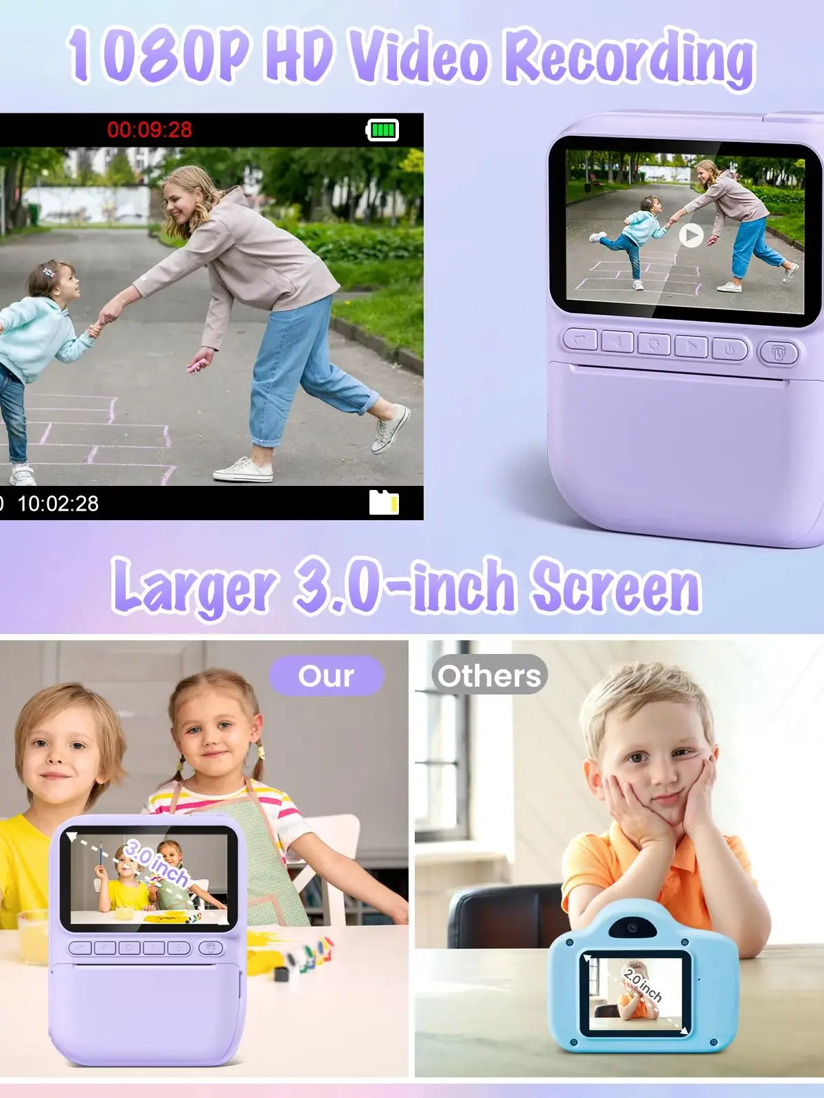 Kids Digital Camera 3.0" Portable Instant Print Camera 32MP HD 1080P Camera Toy Gift For 6-12 Year With 3 Rolls Printer Paper-Leplay
