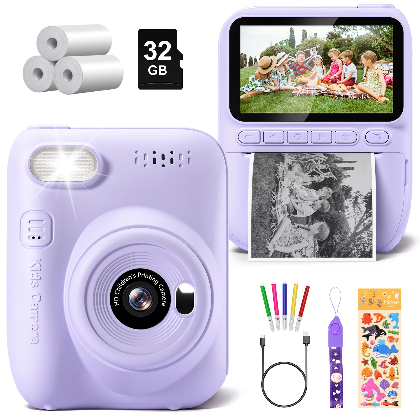 Kids Digital Camera 3.0" Portable Instant Print Camera 32MP HD 1080P Camera Toy Gift For 6-12 Year With 3 Rolls Printer Paper-Leplay