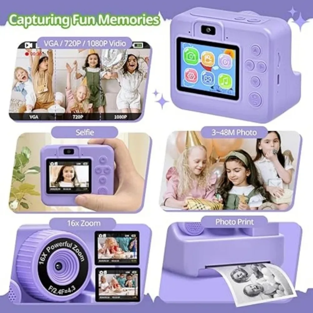 Children's Instant Printing Camera and Video Photography Toy for Boys and Girls, Mini Digital Camera with Printer-Leplay