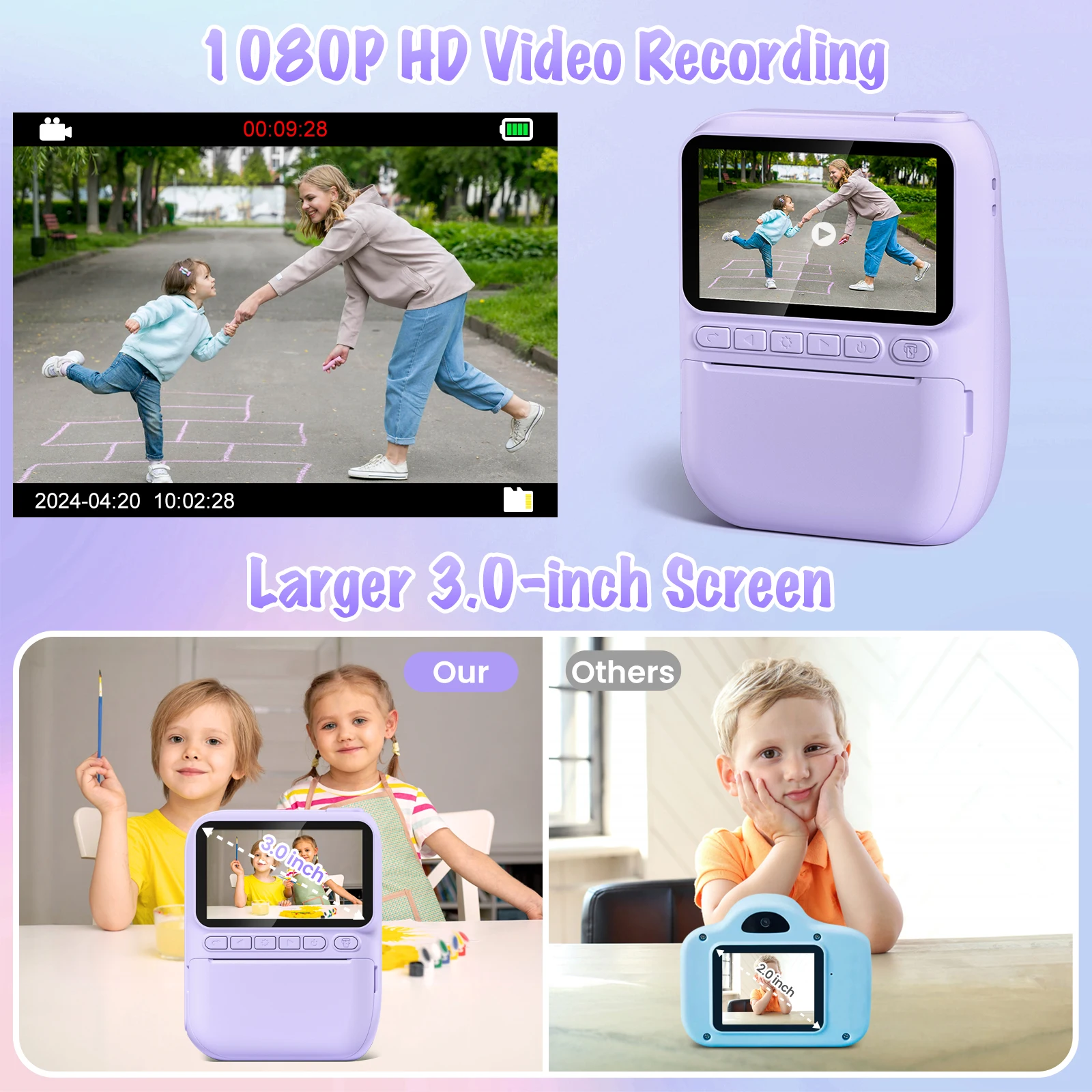 Kids Digital Camera 3.0" Portable Instant Print Camera 32MP HD 1080P Camera Toy Gift For 6-12 Year With 3 Rolls Printer Paper-Leplay