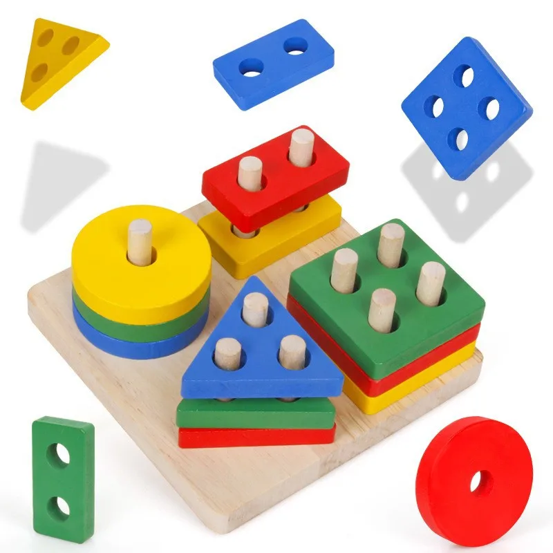Montessori Toy Wooden Building Blocks Early Learning Educational Toys Color Shape Match Kids Puzzle Toys For Children Boys Girls-Leplay