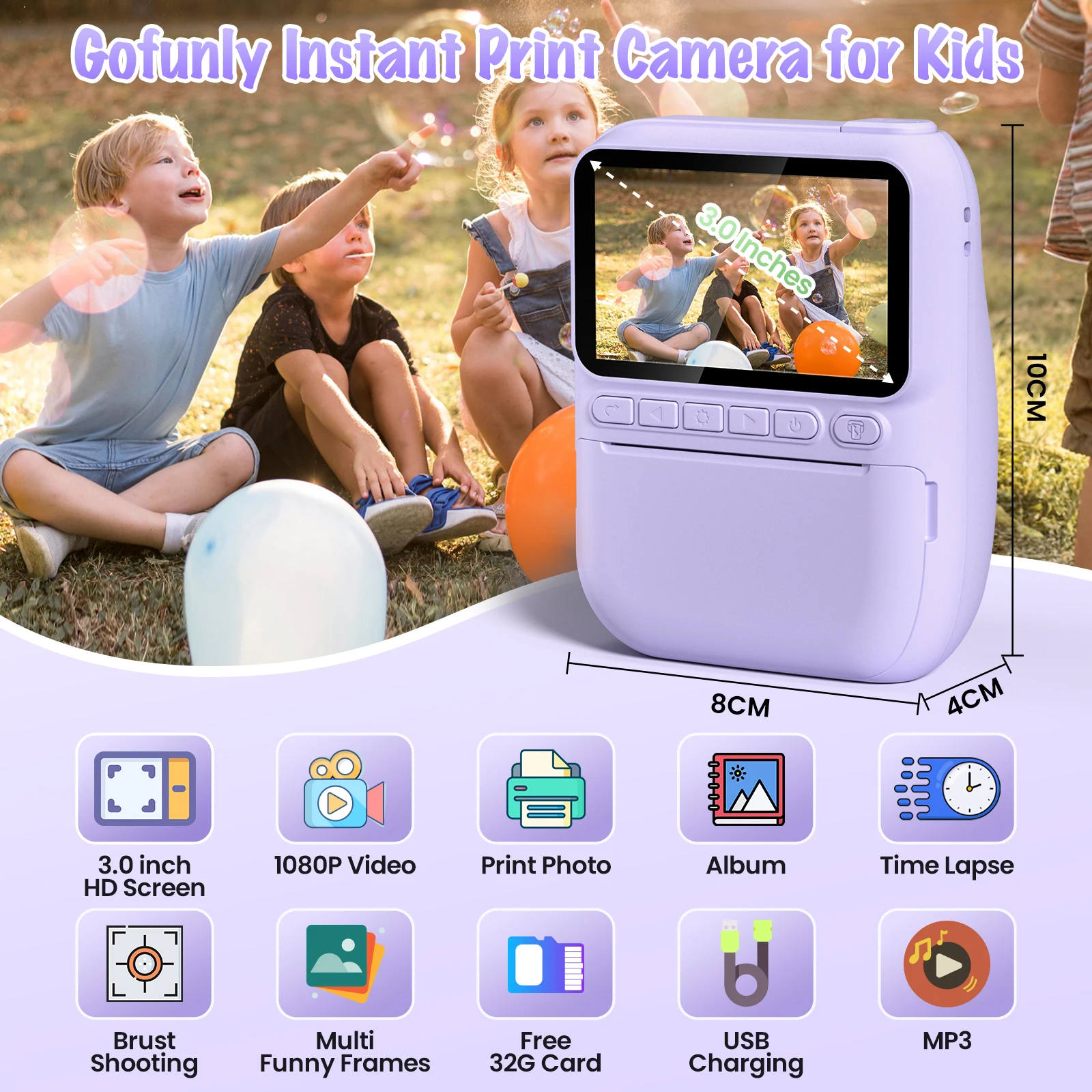 Kids Digital Camera 3.0" Portable Instant Print Camera 32MP HD 1080P Camera Toy Gift For 6-12 Year With 3 Rolls Printer Paper-Leplay