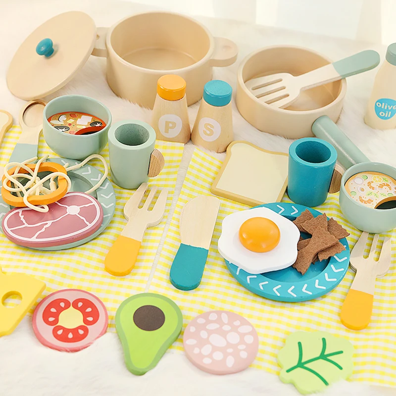 Wooden children's simulation kitchen toys, early education educational toys, Cookware Pot Pan Cook Pretend Play, food, role-play