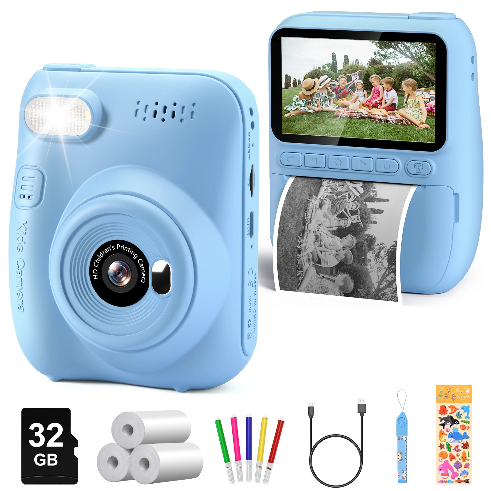 Kids Digital Camera 3.0" Portable Instant Print Camera 32MP HD 1080P Camera Toy Gift For 6-12 Year With 3 Rolls Printer Paper-Leplay