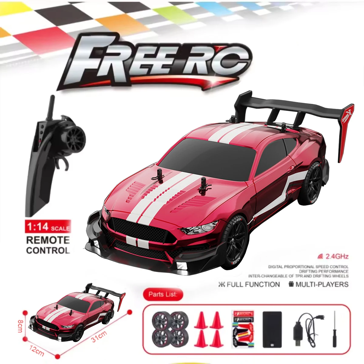 RTR MUSTANG 2.4G Drift Car 1:14 4WD Electric Remote Control Cars High Speed Racing Car RC Racing Car Toys for Children-Leplay