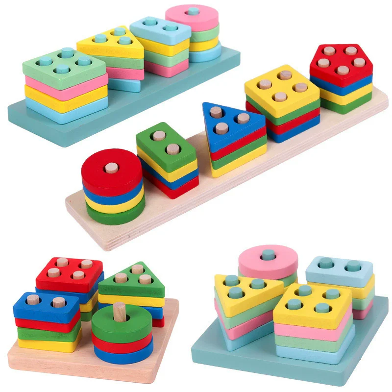 Montessori Toy Wooden Building Blocks Early Learning Educational Toys Color Shape Match Kids Puzzle Toys For Children Boys Girls-Leplay