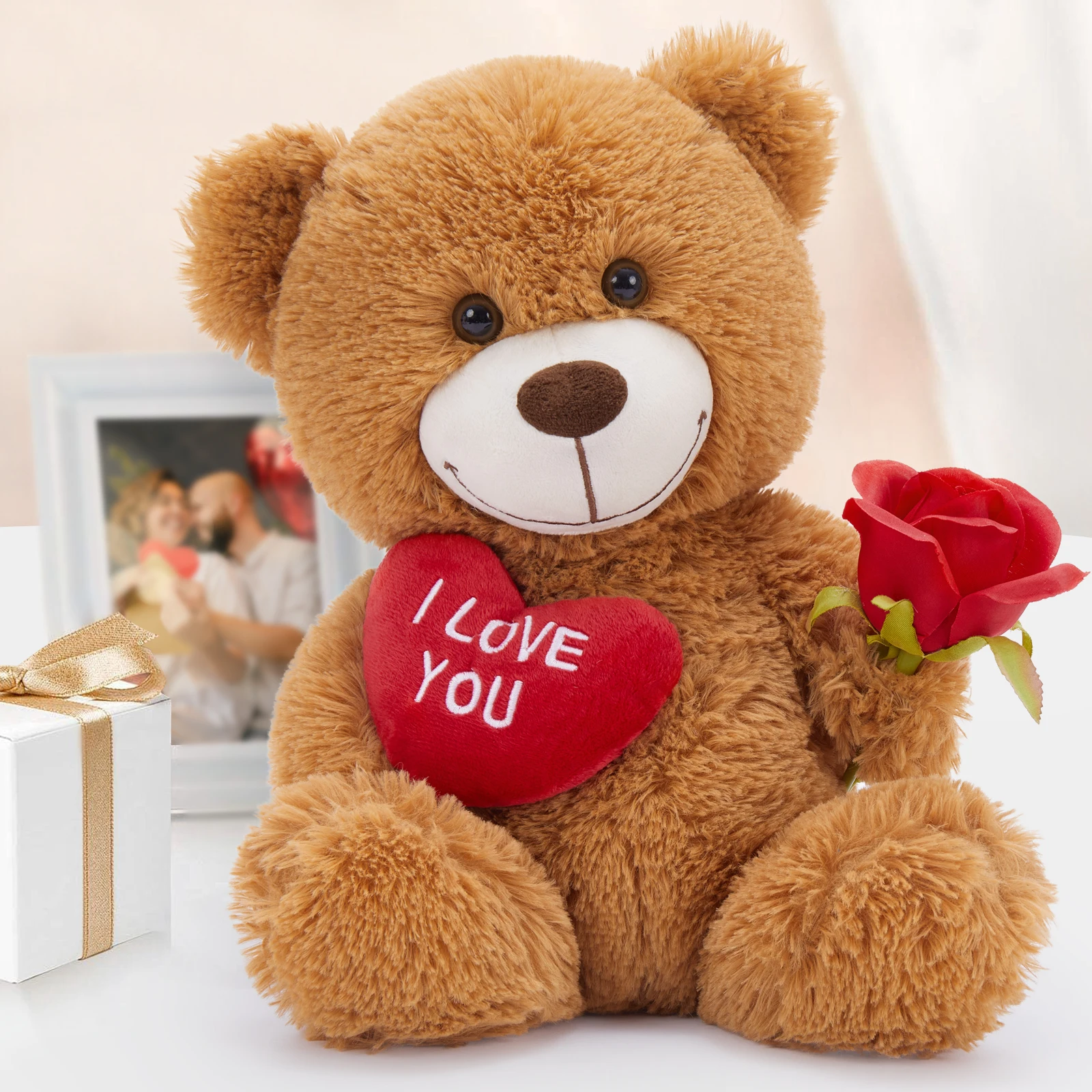MaoGoLan Small Teddy Bear with Red Heart, I Love You Valentines Teddy Bear Stuffed Animal Dark Brown,Velvet Red HeartBear Gift-Leplay