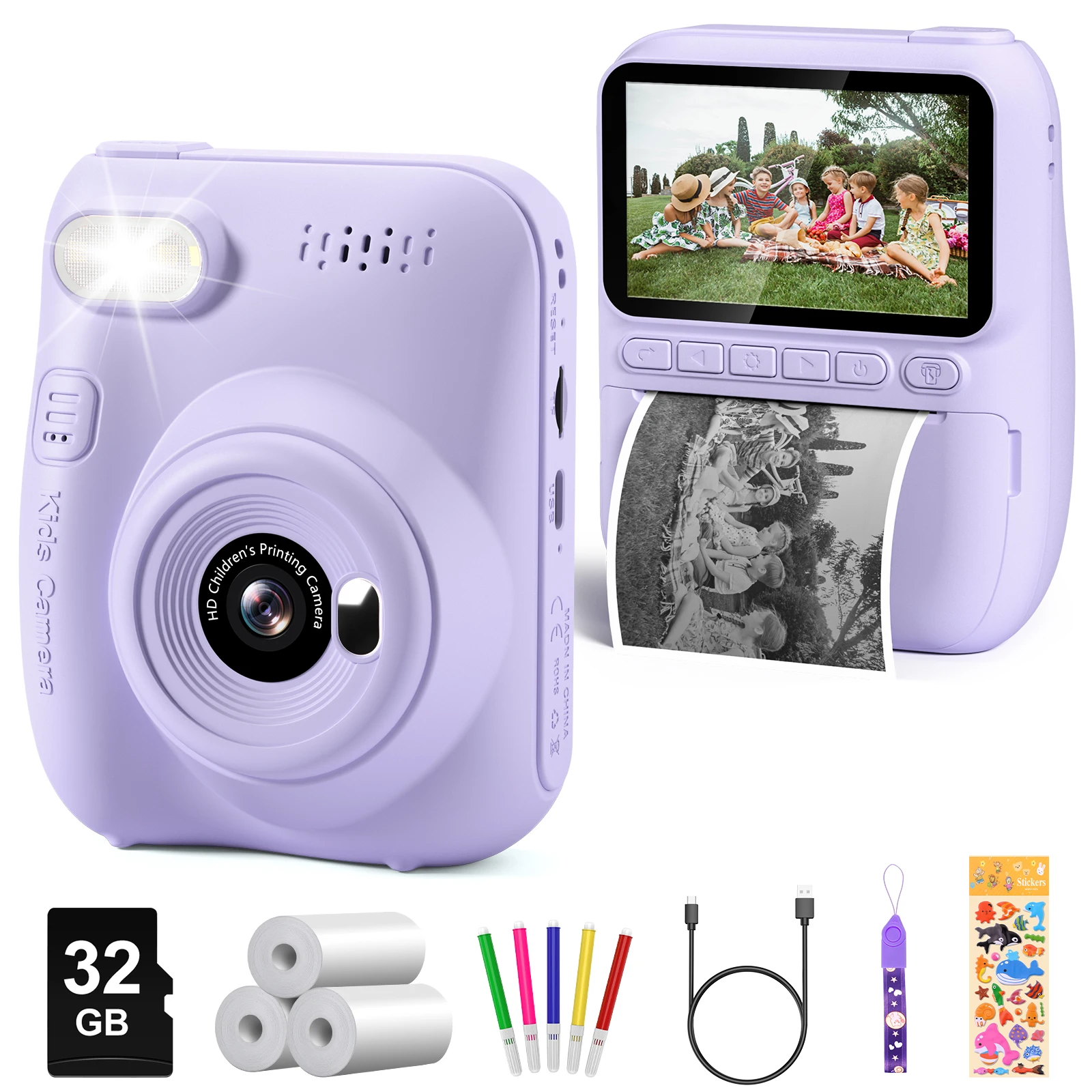 Kids Digital Camera 3.0" Portable Instant Print Camera 32MP HD 1080P Camera Toy Gift For 6-12 Year With 3 Rolls Printer Paper-Leplay