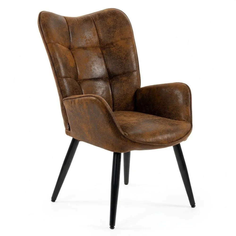 Sillón Nórdico Acogedor para Sala de Estar y Dormitorio con Respaldo y Reposabrazos en Ante Marrón