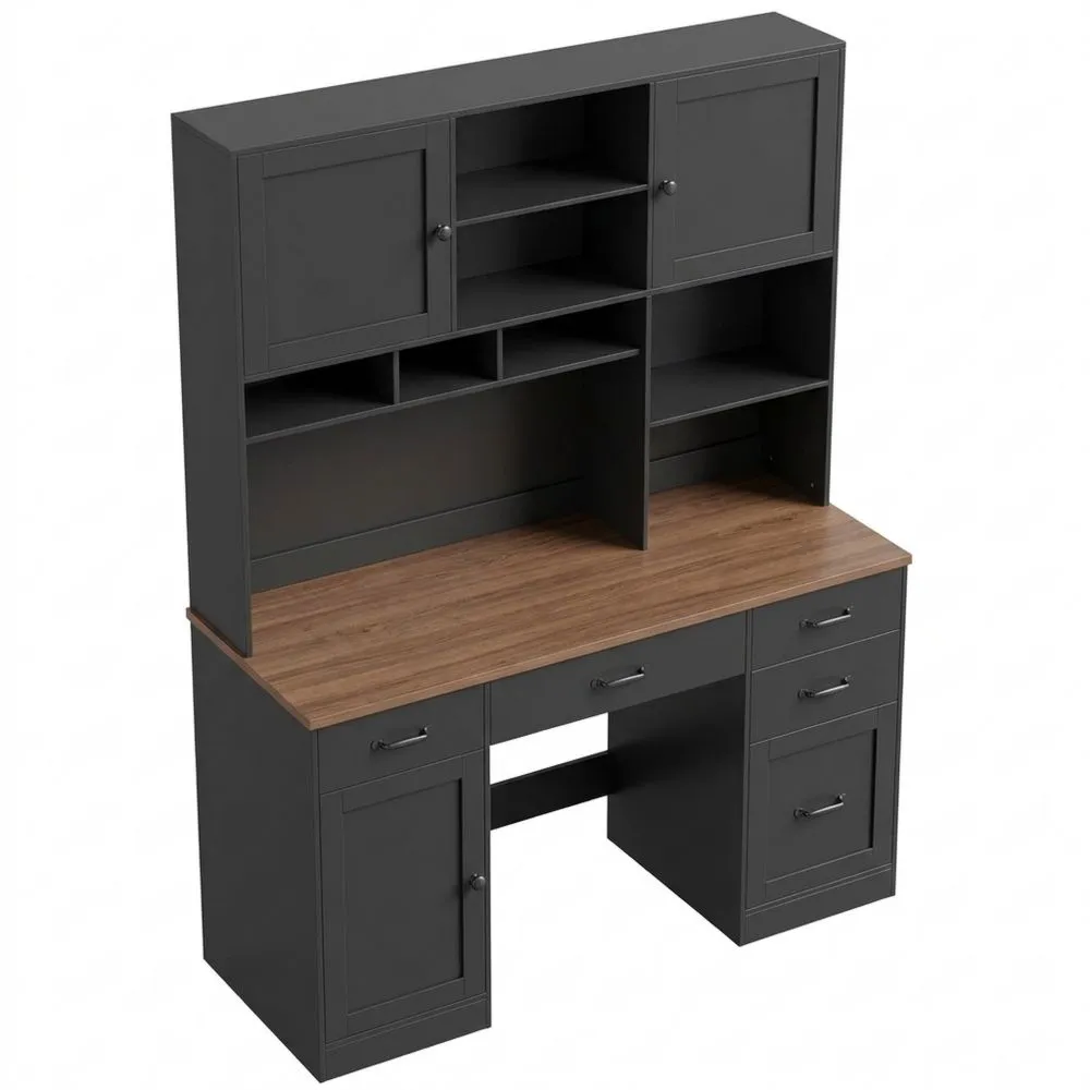 Mesa de escritorio con cajones y puertas, mesa de ordenador con luz LED y tira de alimentación para estudio, dormitorio, oficina, negra
