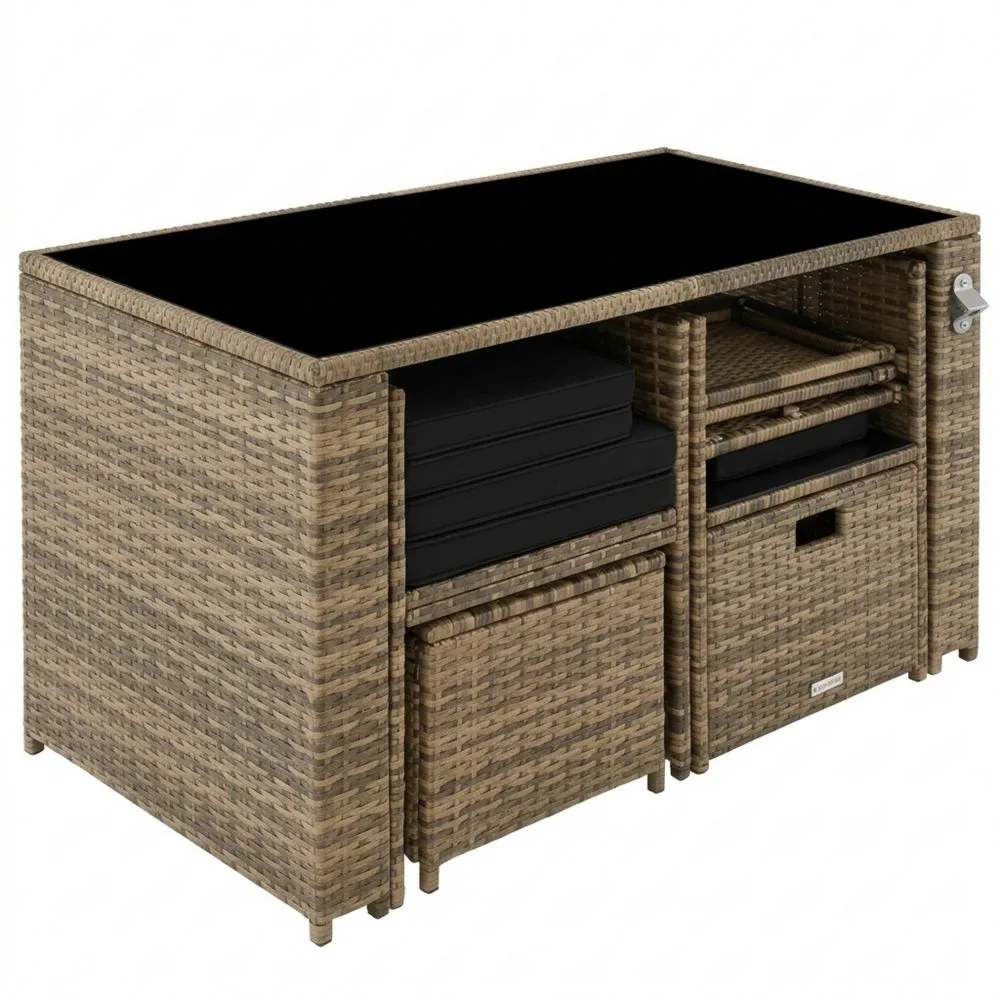 Conjunto de Jardín de Ratán y Acero, Muebles de Exterior Resistentes al Clima, 2 Sillas Plegables, 2 Taburetes, 1 Mesa de Cristal, con Cojines y Abrebotellas - Marrón