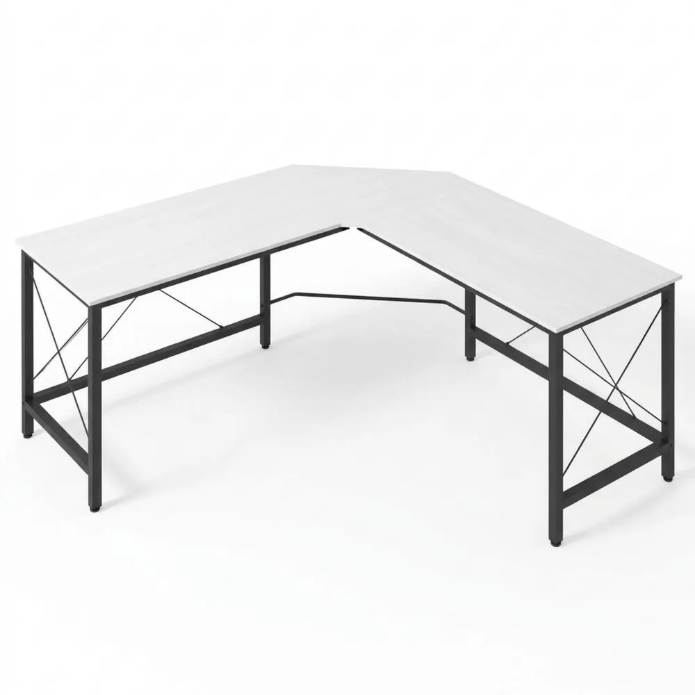 Escritorio en L de esquina moderno con estructura de acero para oficina y estudio, carga hasta 70 kg, 150 x 150 x 76 cm, blanco