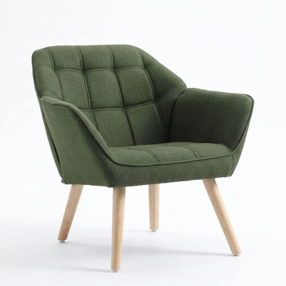 Sillón Moderno de Lino para Salón con Patas de Madera, Silla de Relajación con Reposabrazos, Verde