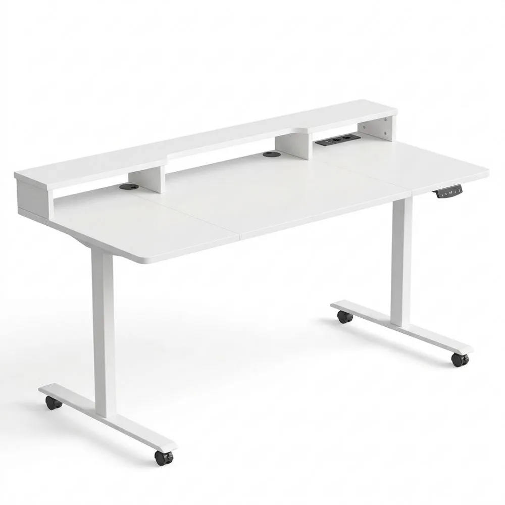 Escritorio Elevable con Carga USB y Memorias, 180 cm, Ajustable en Altura para Oficina y Hogar, Blanco