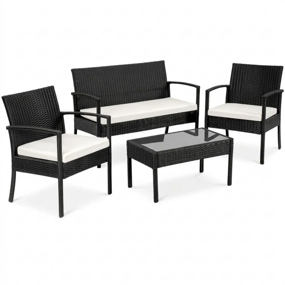 Conjunto de Muebles de Jardín de Ratán y Aluminio, Resistente a Rayos UV, Incluye Sillones, Sofá y Mesa de Cristal con Cojines