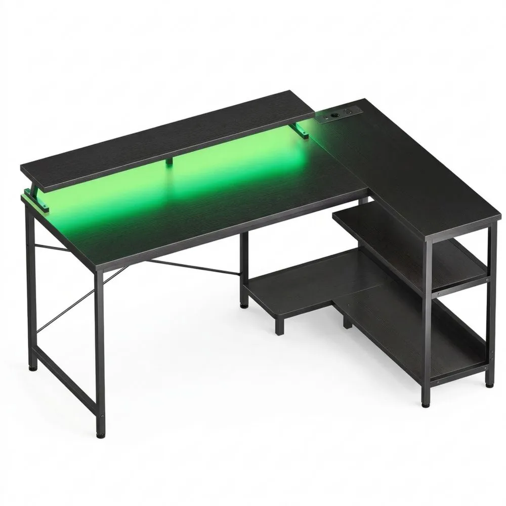 Escritorio de Juegos en L con Estantes Reversibles y Luces LED, 120 x 80 cm, con Enchufes y Soporte para Monitor, Negro
