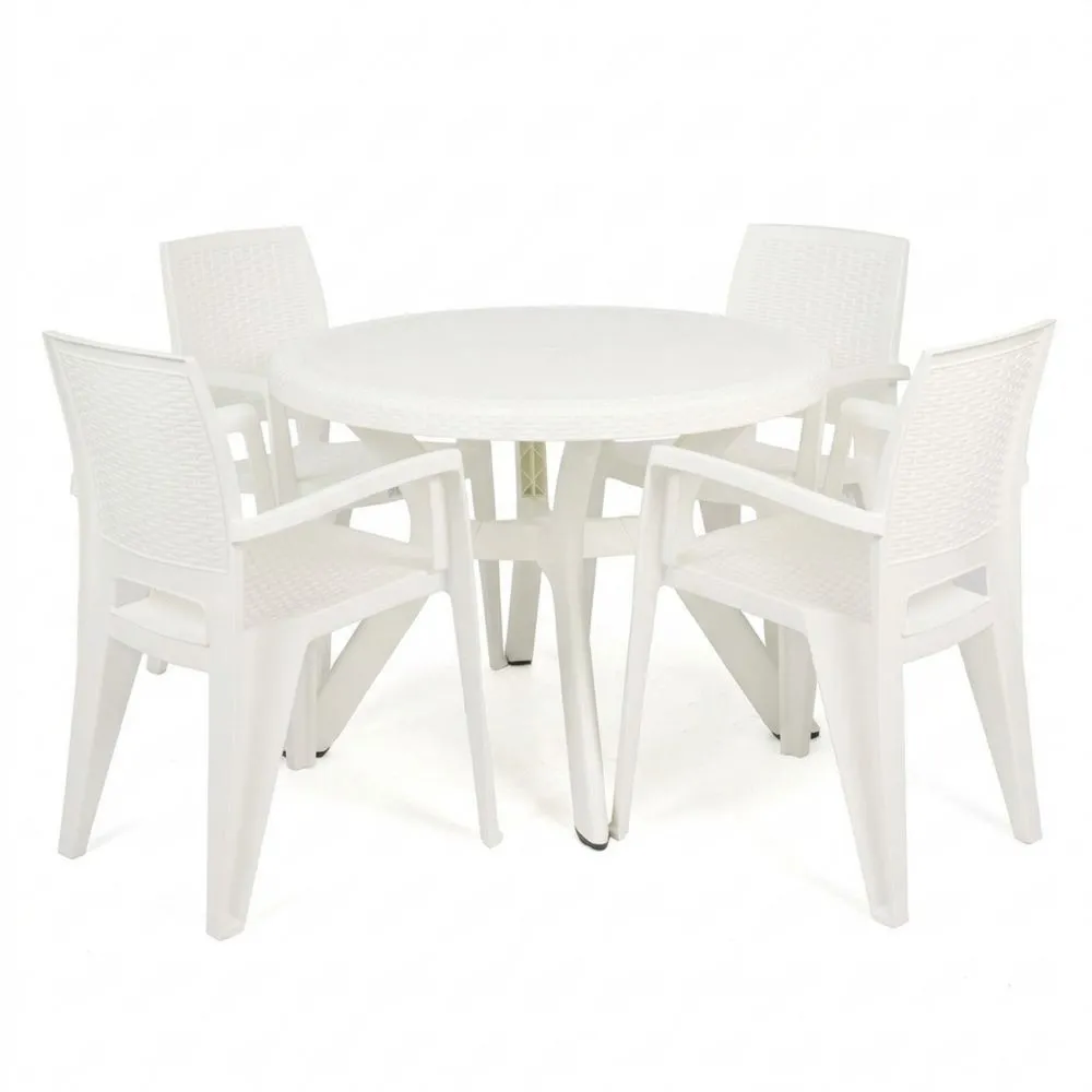Mesa Redonda Caribeña + 4 Sillas de Resina Blanca