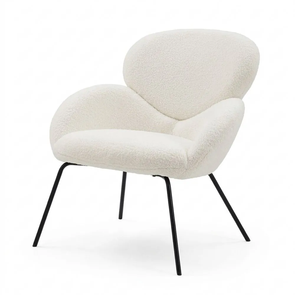 Sillón Moderno Escandinavo de Cuero Sintético para Sala de Estar, Patas Metálicas, Diseño en Forma de Concha, Blanco