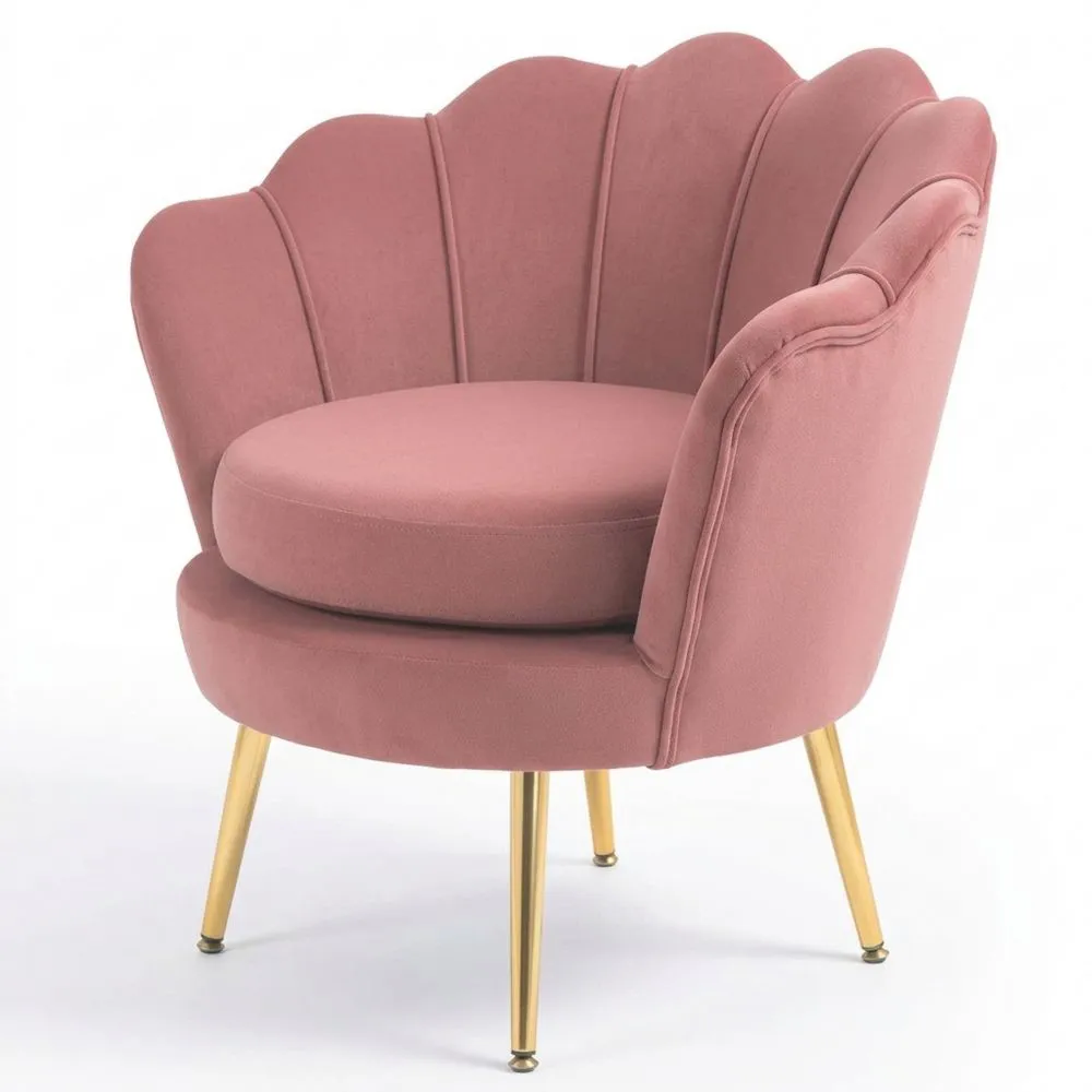 Sillón de Terciopelo para Salón con Respaldo de Concha y Patas Doradas, Rosa