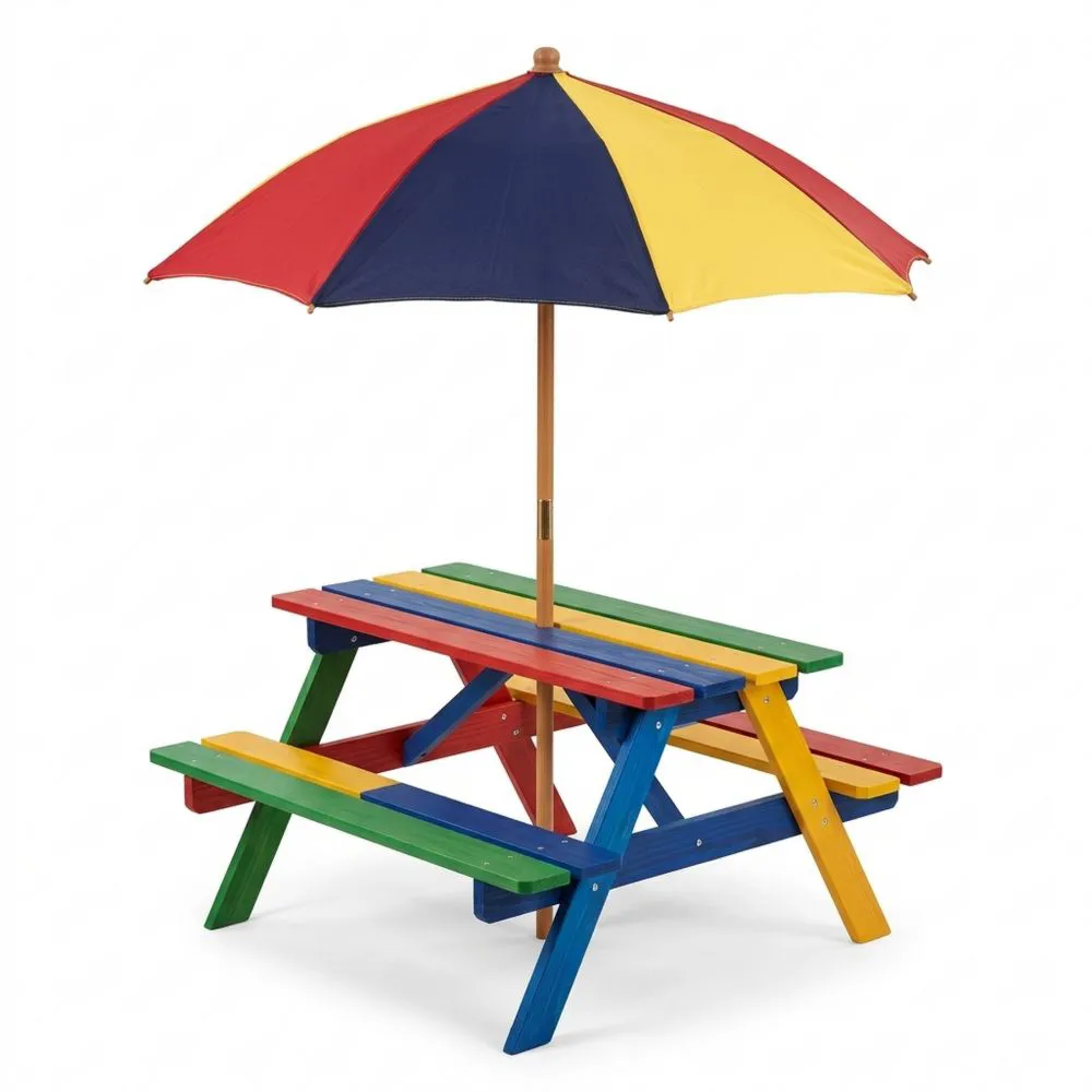 Mesa de Picnic para Niños con Sombrilla, Mesa de Jardín de Madera, para 1-4 Niños