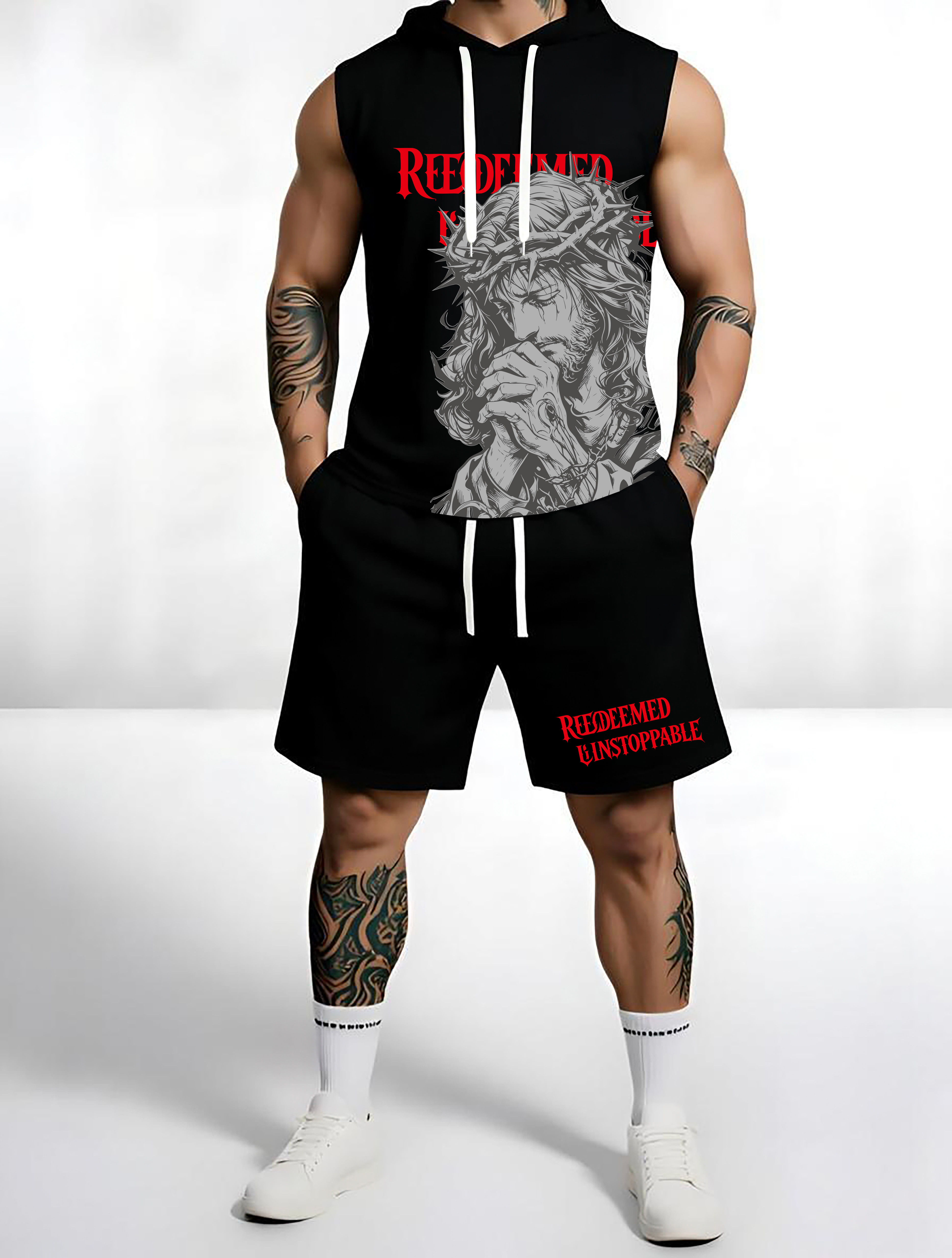 Christian Sleeveless Hoodie & Shorts Set - Faith Based Religious Outfit S-5XL