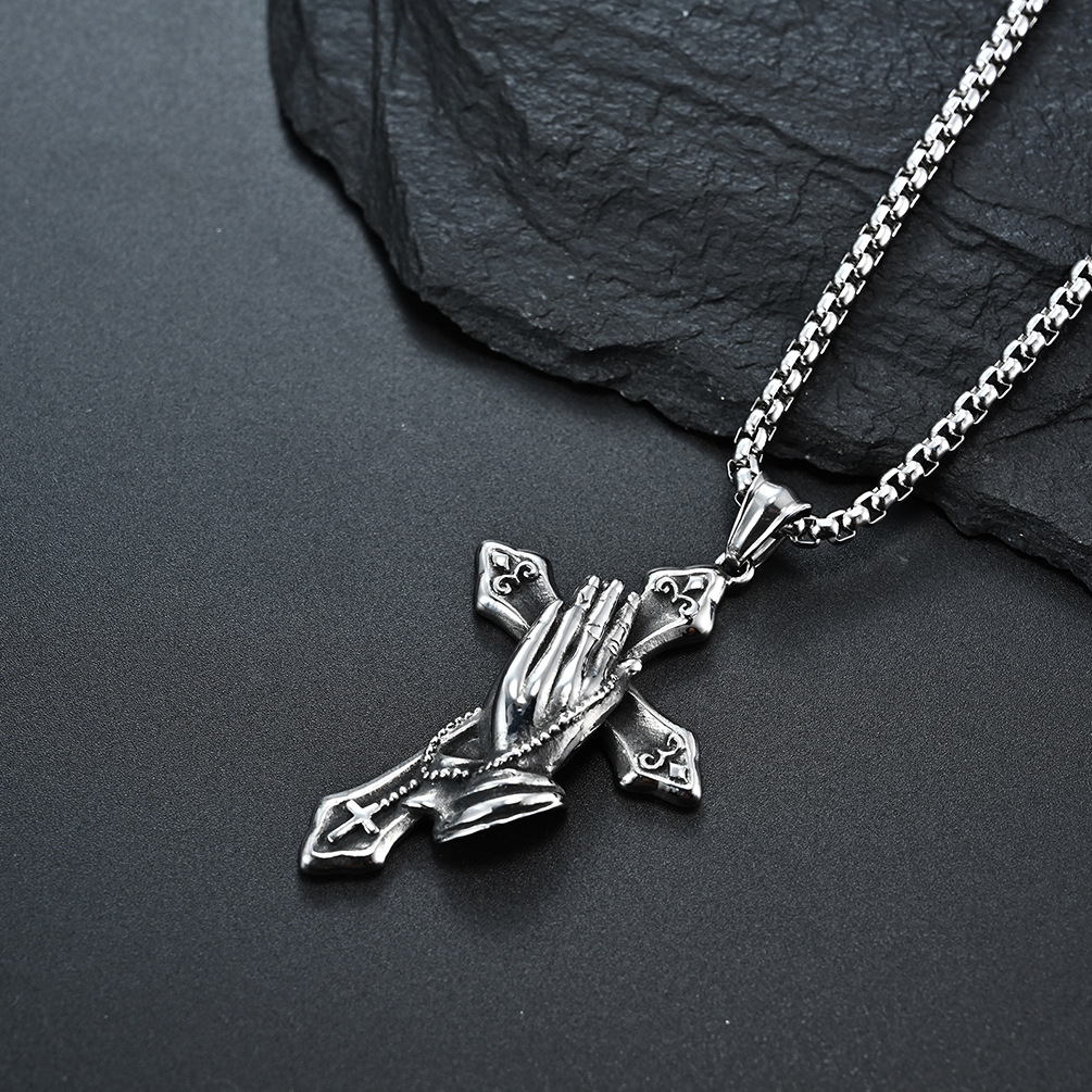 Jewelry Source Manufacturer European And American Retro Fashion Goods Praying Hands Stainless Steel Cross Personalized Niche Pendant