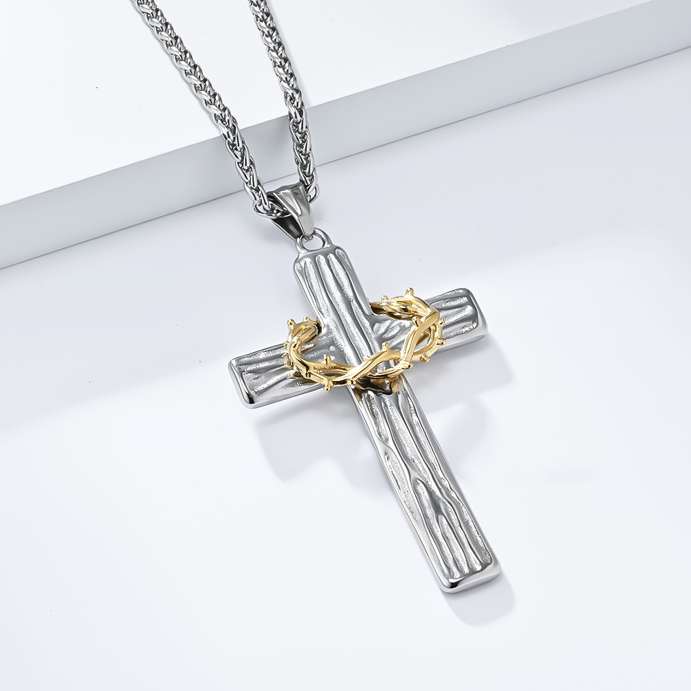 Vintage titanium steel wreath cross necklace with two-tone wood grain stainless steel prayer pendant