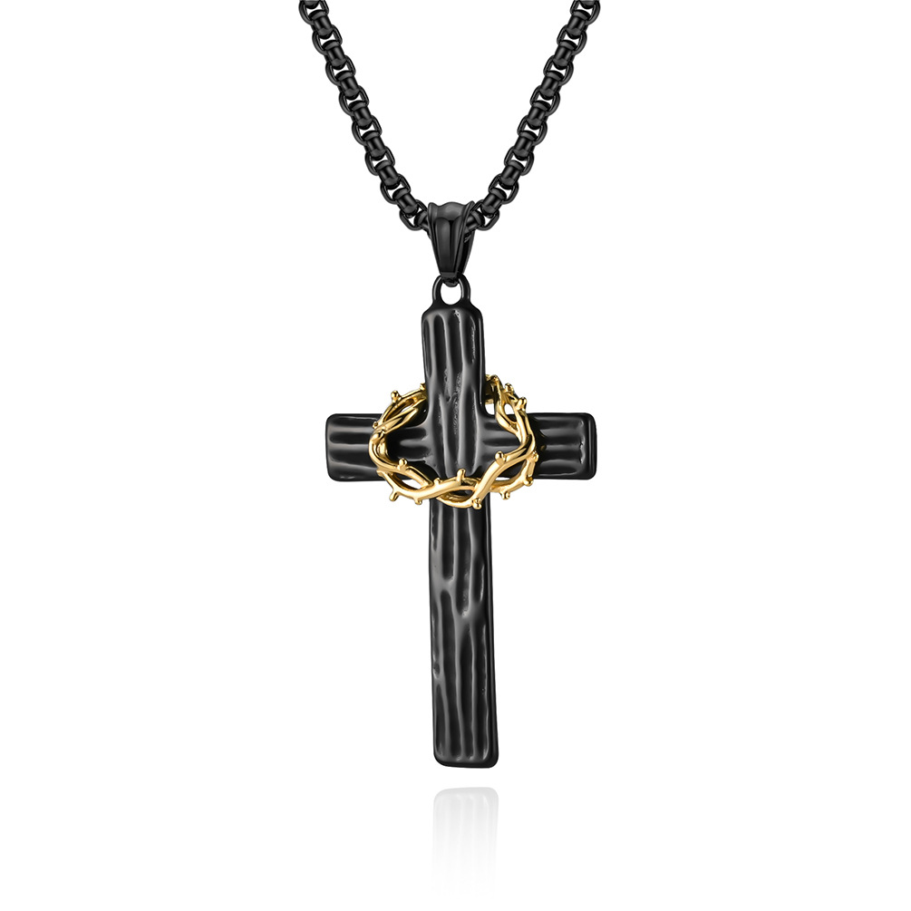 Vintage titanium steel wreath cross necklace with two-tone wood grain stainless steel prayer pendant