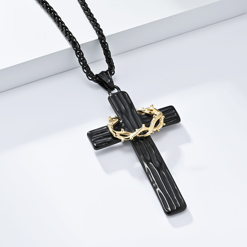 Vintage titanium steel wreath cross necklace with two-tone wood grain stainless steel prayer pendant