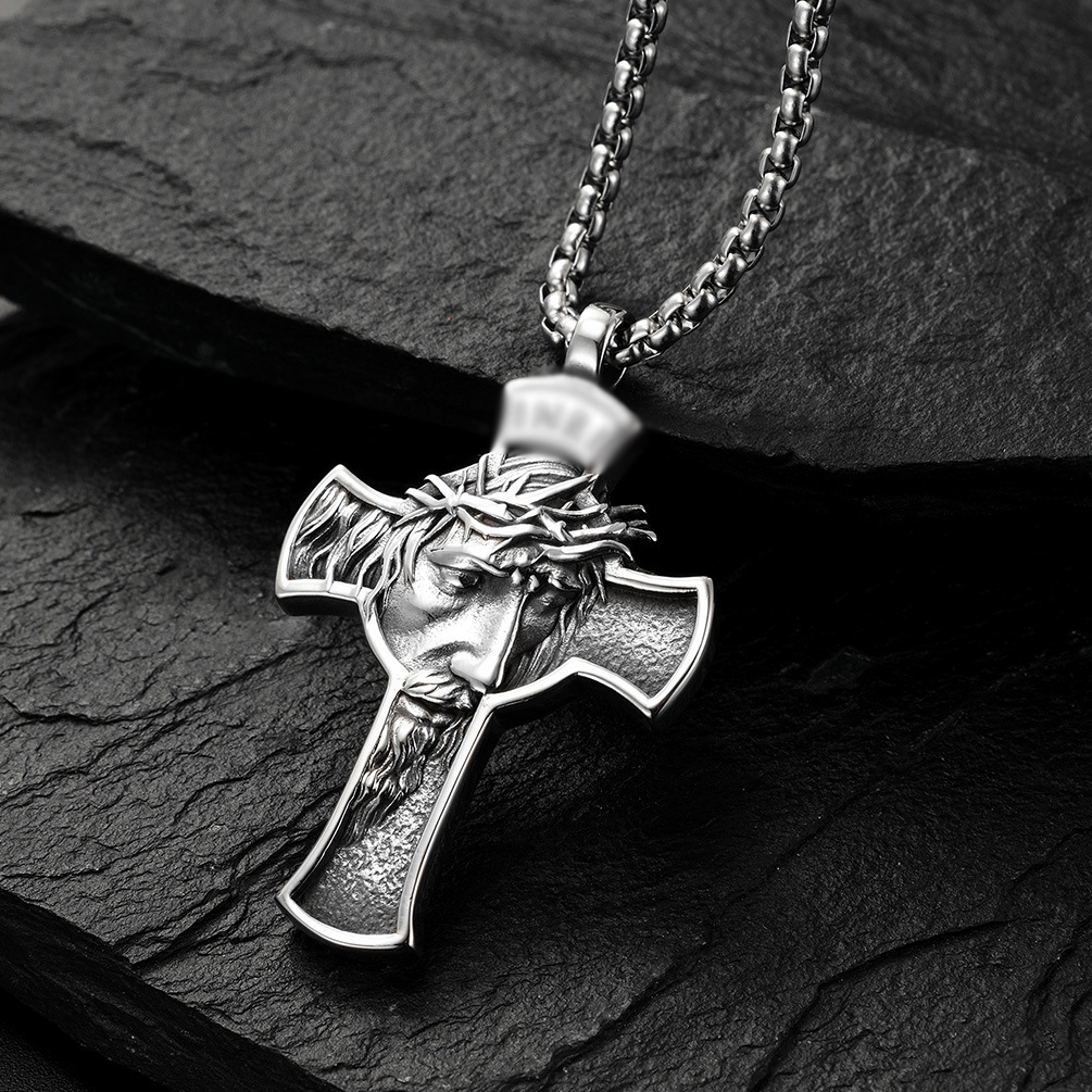 Cross-Border European And American Literary And Artistic Retro Portrait Cross Necklace Men'S Personalized Titanium Steel Non-Fading Jewelry Dongguan Manufacturer