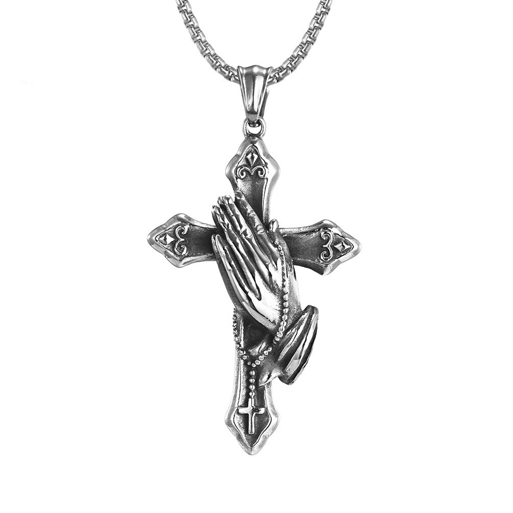 Jewelry Source Manufacturer European And American Retro Fashion Goods Praying Hands Stainless Steel Cross Personalized Niche Pendant