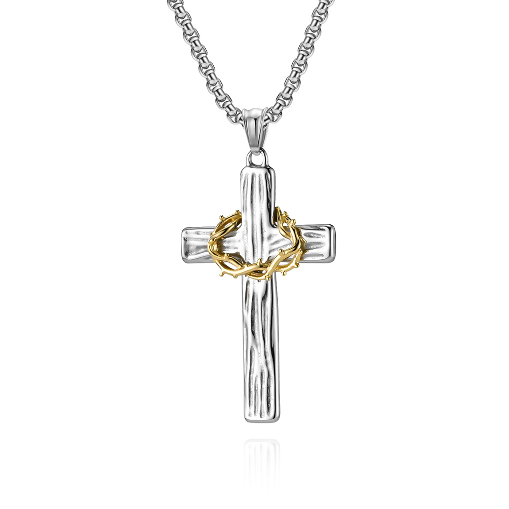 Vintage titanium steel wreath cross necklace with two-tone wood grain stainless steel prayer pendant