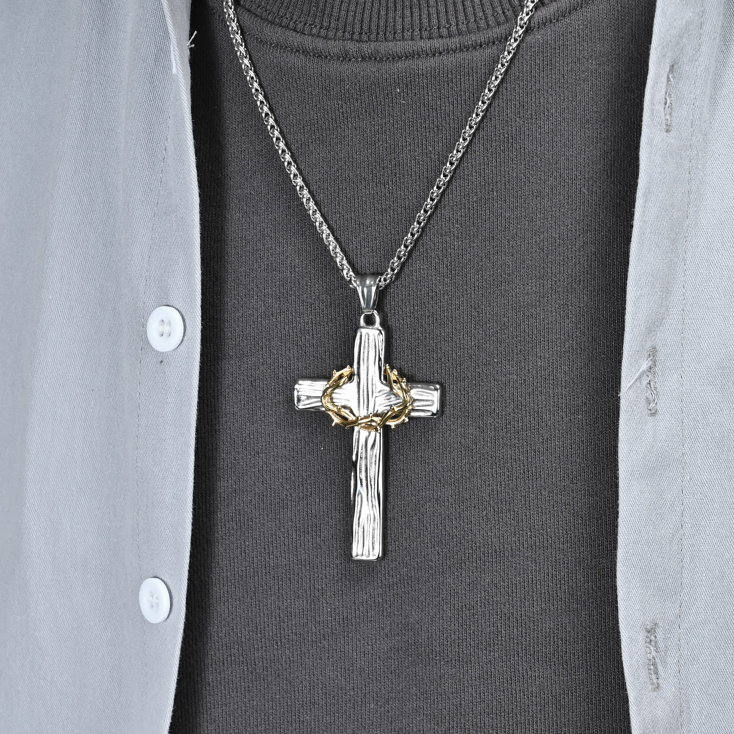 Vintage titanium steel wreath cross necklace with two-tone wood grain stainless steel prayer pendant