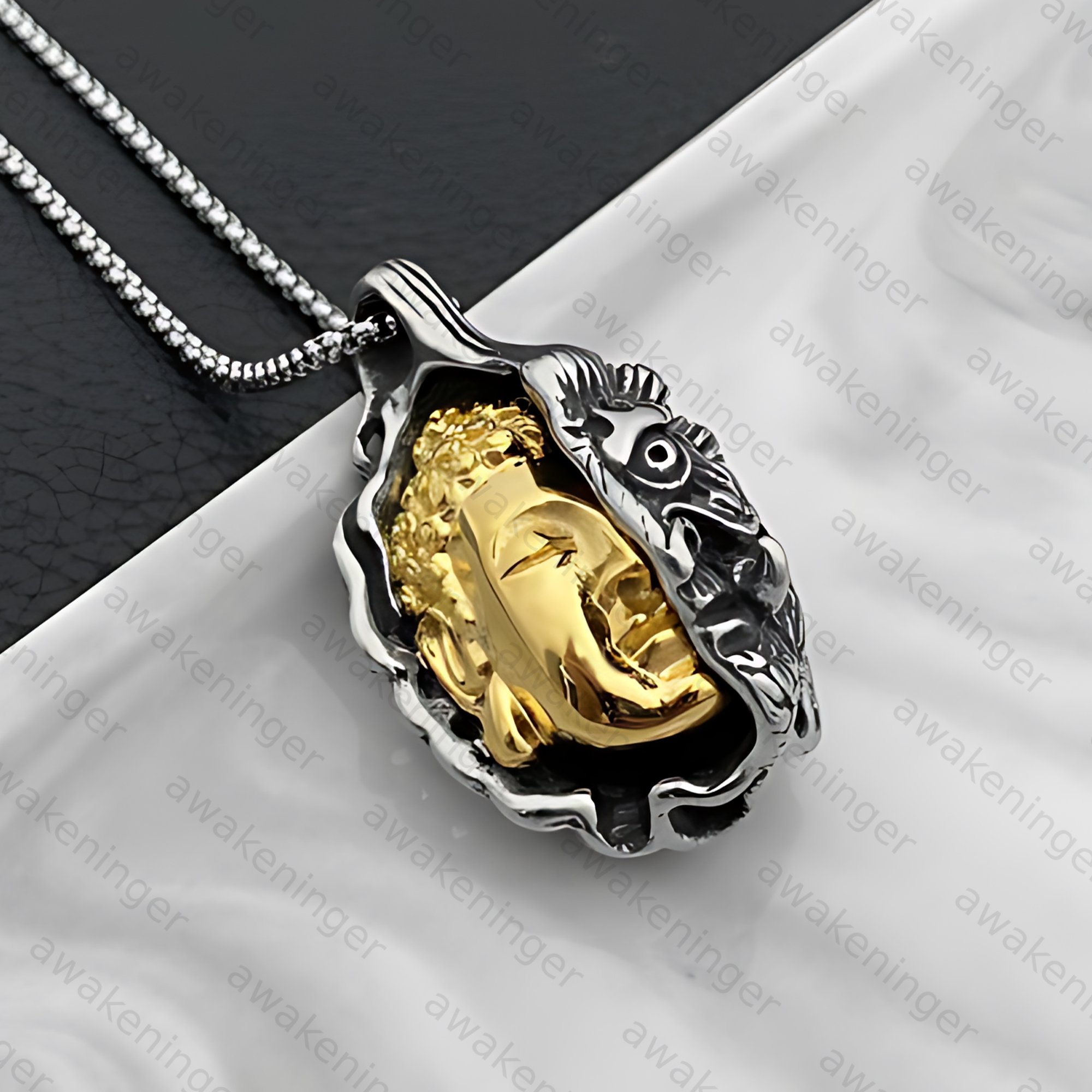 Retro Palm Buddha Titanium Steel Necklace with Personalized Vairocana Buddha Pendant