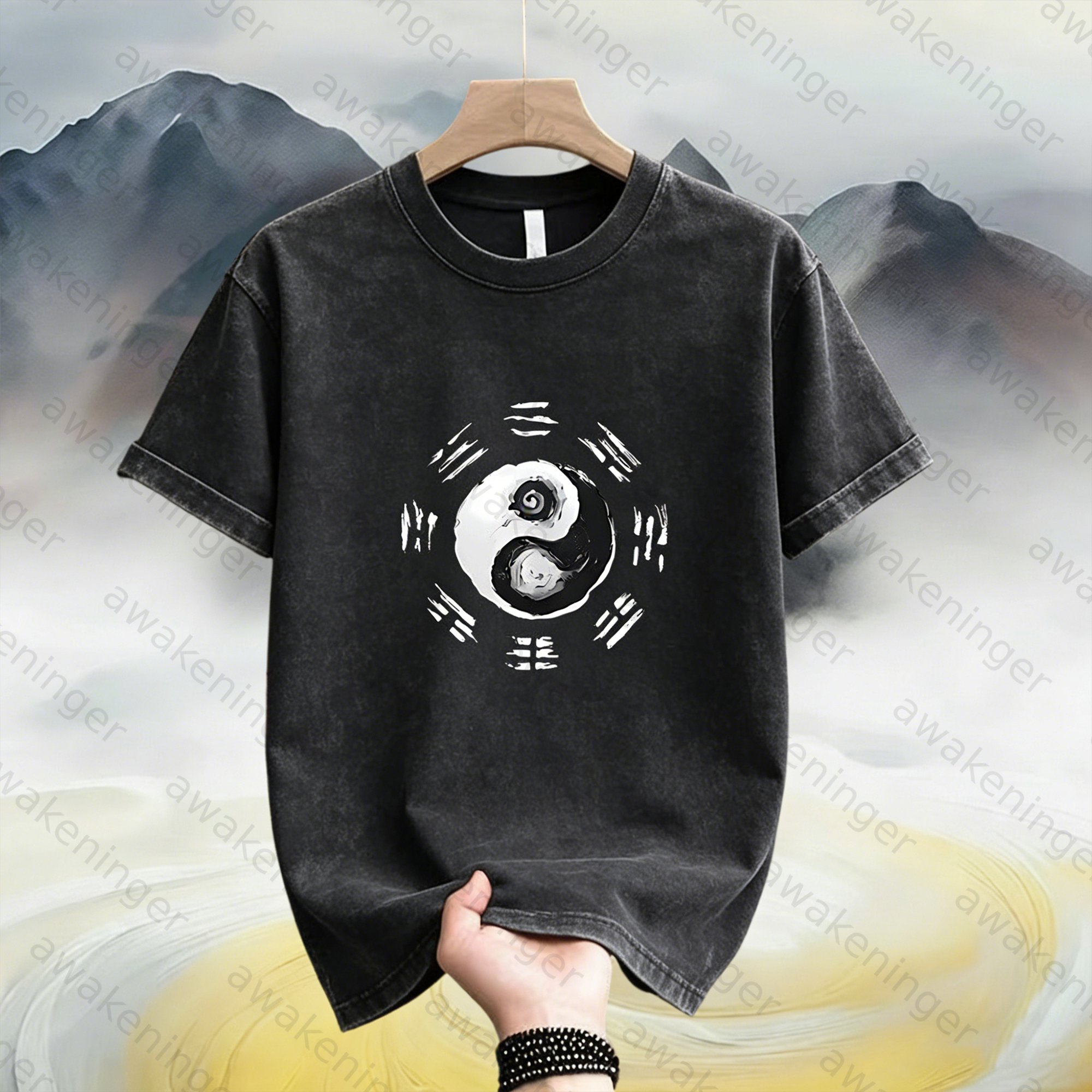 Premium Men's "Eight Trigrams Formation" Taoist Garment-Washed T-Shirt
