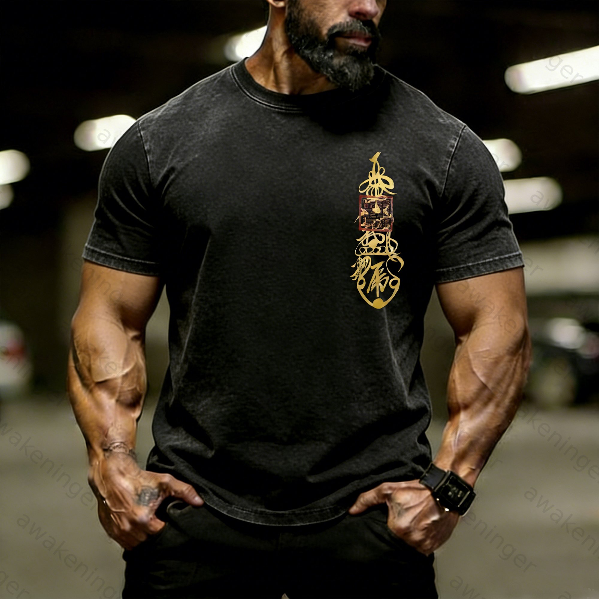 Premium Men's "Wealth-Attracting Mantra" Taoist Garment-Washed T-Shirt